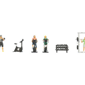 16292 Noch Figuren-Themenwelt Fitness-Studio" Inhalt: 1 Mann beim Bankdrücken, 1 Mann mit Kurzhanteln, 1 Mann auf Fahrrad, 1 Frau auf Crosstrainer, 1 Frau am Squat Rack, 1 Crosstrainer, 1 Fahrrad, 1 Hantelständer
